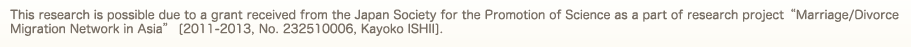 This research is possible due to a grant received from the Japan Society for the Promotion of Science as a part of research project " Marriage/Divorce Migration Network in Asia" [2011-2013, No. 232510006, Kayoko ISHII].